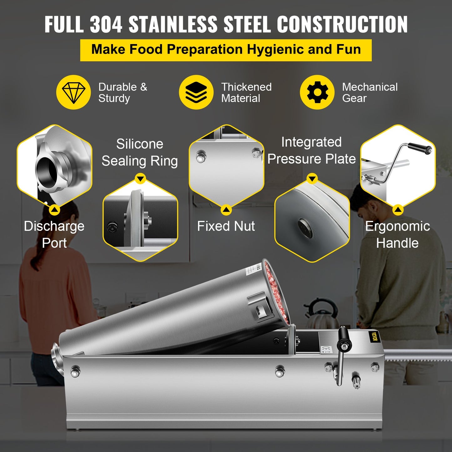 Manuell korvfyllare, 7 l / 15 lbs horisontell korvmaskin, köttfyllare med dubbla hastigheter, tillverkad av livsmedelsklassat 304 rostfritt stål, inkluderar 5 fyllningsrör, för hemmakök, restaurang och kommersiella ändamål