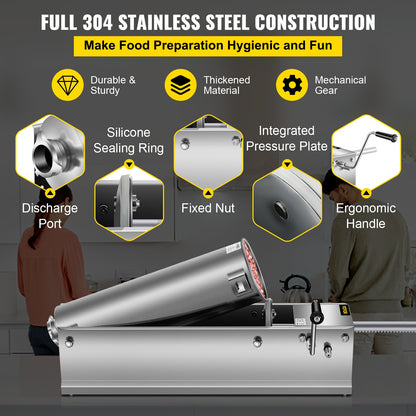 Manuell korvfyllare, 7 l / 15 lbs horisontell korvmaskin, köttfyllare med dubbla hastigheter, tillverkad av livsmedelsklassat 304 rostfritt stål, inkluderar 5 fyllningsrör, för hemmakök, restaurang och kommersiella ändamål