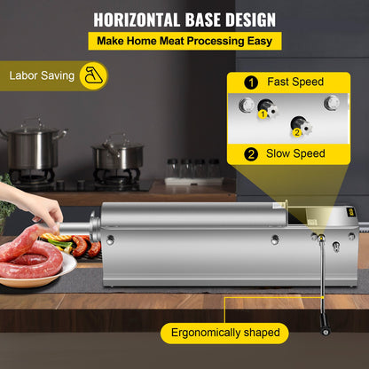 Manual Sausage Stuffer, 7 L / 15 LBS Horizontal Sausage Machine, Dual-Speed Meat Stuffer, Made of Food-Grade 304 Stainless Steel, Includes 5 Stuffing Tubes, for Home Kitchen Restaurant Commercia