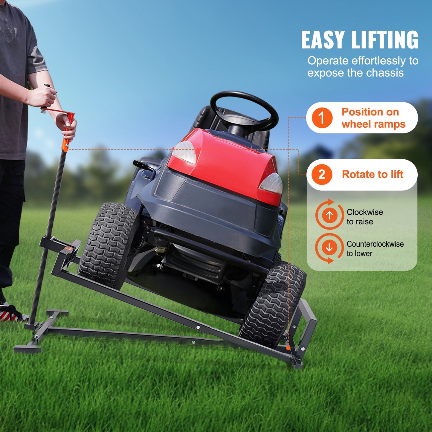 Ride on Lawn Mower Lift Jack, 880 Lbs Weight Capacity, Telescopic Maintenance Jack with Crank Handle & Power Tool Handle, Foldable Lawn Tractor Lifter for Lawn Mowers and Garden Tractors, Black