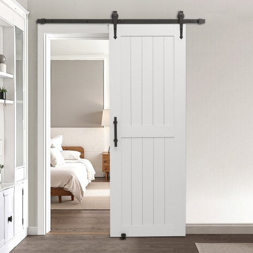 Sliding Barn Door, 762 x 2134mm, High-Strength MDF Panel, Barn Door with Hardware Kit, Water-Proof PVC Surface, Easy to Install, H-Frame, Smoothly and Quietly Sliding for Living Room, Bathroom