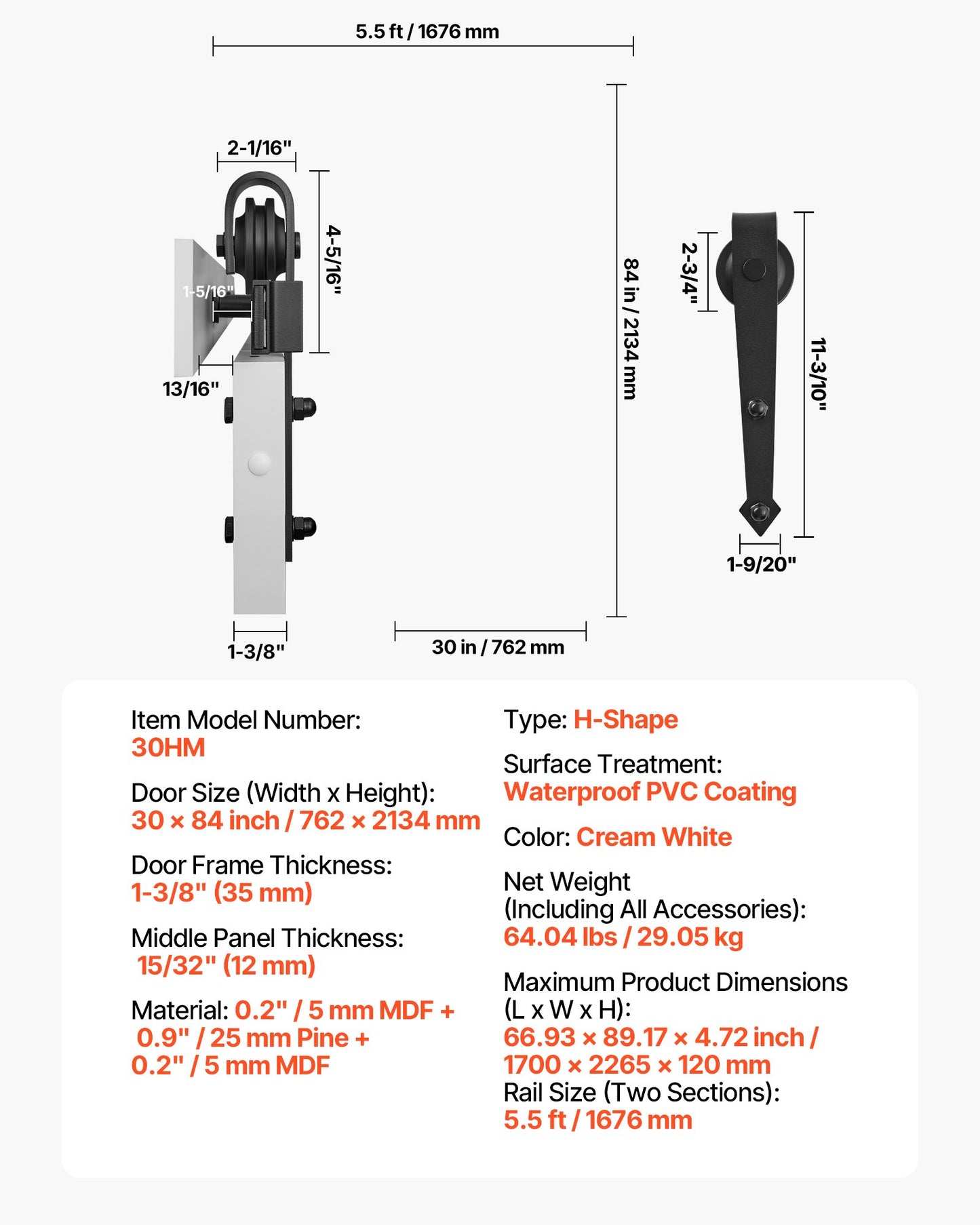 Skjutdörr i ladugård, 762 x 2134 mm, höghållfast MDF-panel, ladugårdsdörr med beslagssats, vattentät PVC-yta, enkel att installera, H-ram, smidig och tyst skjutbar för vardagsrum, badrum