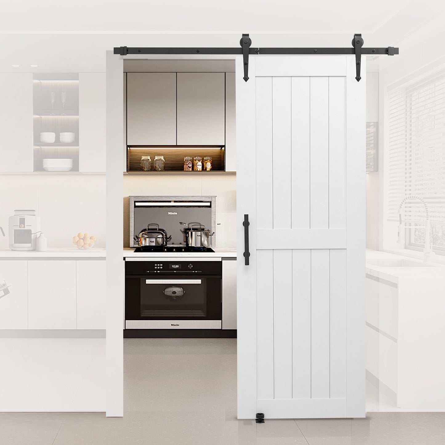 Skjutdörr i ladugård, 762 x 2134 mm, höghållfast MDF-panel, ladugårdsdörr med beslagssats, vattentät PVC-yta, enkel att installera, H-ram, smidig och tyst skjutbar för vardagsrum, badrum