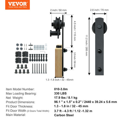 243.8 cm Sliding Barn Door Hardware Kit, 149.7 kg Heavy Duty Barn Door Track Kit for Double Doors, Fit 112-131 cm Total Width and 3.3-4.6 cm Thick 2 Door Panels, with Smooth & Silent Pulley (I Shape)