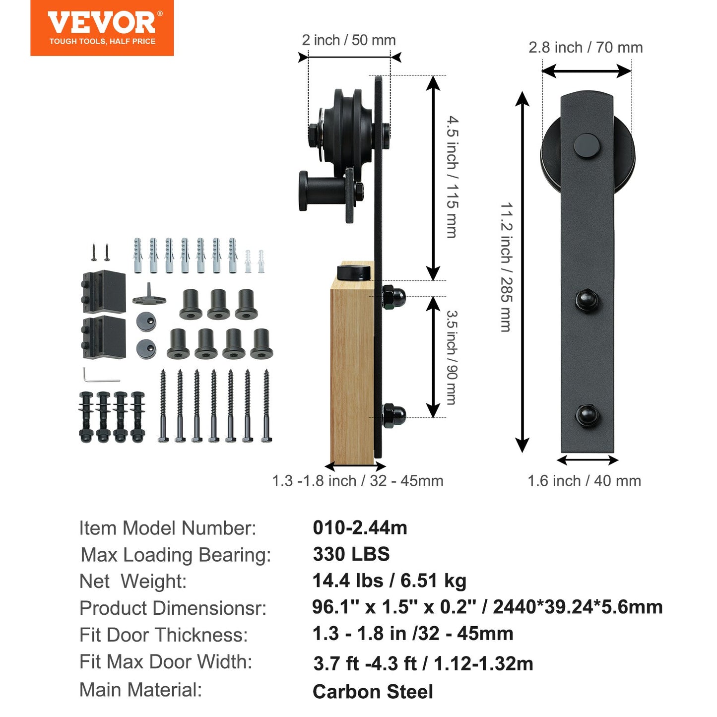 243.8 cm Sliding Barn Door Hardware Kit, 149.7 kg Loading Heavy Duty Barn Door Track Kit for Single Door, Fit 112.8-131.1 cm Wide and 3.3-4.6 cm Thick Door Panel, with Smooth & Silent Pulley (I Shape)