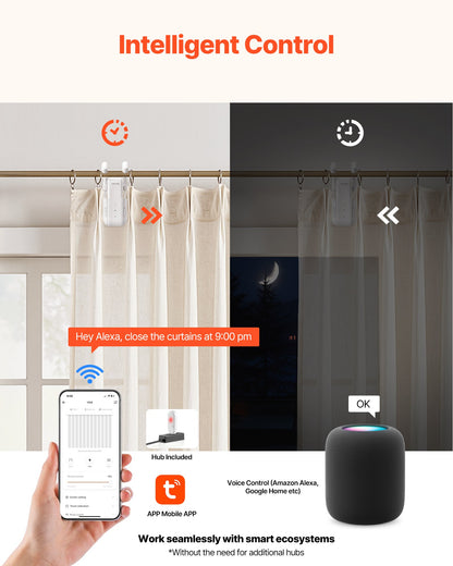 Automatisk gardinöppnare, app och fjärrkontroll, hubb ingår, elektrisk smart gardinöppnare kompatibel med Alexa och Google Home, tidsinställd öppning och stängning, tyst läge, för romerska stänger