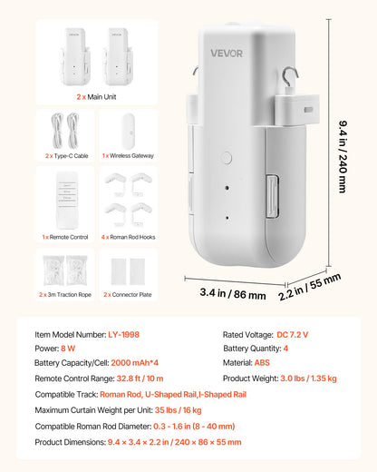 Automatisk gardinöppnare, 2-pack, app och fjärrkontroll, hubb ingår, elektrisk smart gardinöppnare kompatibel med Alexa och Google Home, tidsinställd öppning och stängning, för romerska stänger, universalskenor