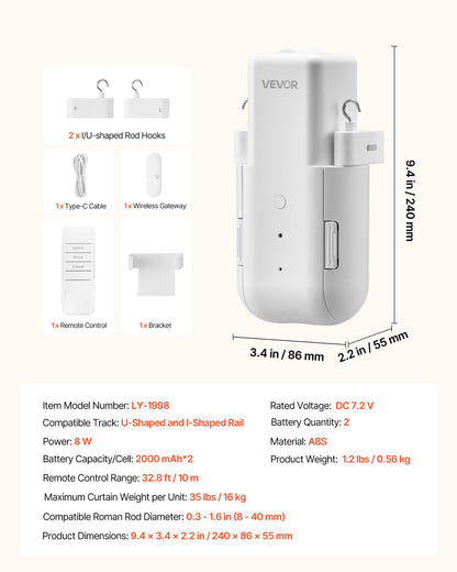 Automatisk gardinöppnare, app och fjärrkontroll, hubb ingår, elektrisk smart gardinöppnare kompatibel med Alexa och Google Home, tidsinställd öppning och stängning, för U-formade/I-formade skenor