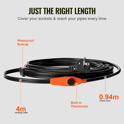 Rörvärmekabel, 4m 23W/m värmetejp för rör med inbyggd termostat, värmekabel för vattenrör skyddar PVC-slang, metall- och plaströr från frysning