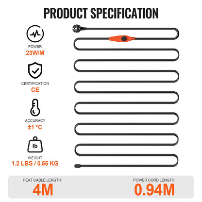 Rörvärmekabel, 4m 23W/m värmetejp för rör med inbyggd termostat, värmekabel för vattenrör skyddar PVC-slang, metall- och plaströr från frysning