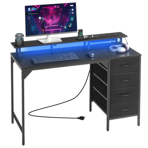 120 cm Computer Desk with Smart LED Lights and Power Outlets, Gaming Office Desk with 4 Large Drawers, Monitor Stand, Study Work for Home Office, Small Spaces, Easy Storage, Black