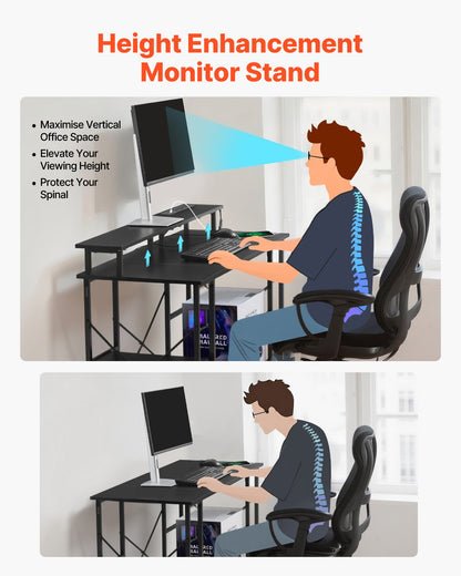 120 cm Computer Desk with Smart LED Lights and Power Outlets, Reversible Gaming Office Desk with Monitor Stand and 2-Tier Storage Shelves, Study Work for Home Office, Black