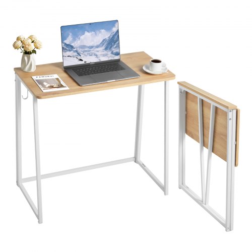 Folding Desk, 80 cm Small Foldable Table for Compact Spaces, Space Saving Computer Table, Sturdy Particleboard with Storage Hooks, Writing Workstation for Home Office, Easy Assembly, Oak