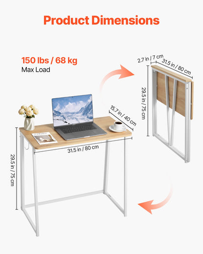 Hopfällbart skrivbord, 80 cm litet hopfällbart bord för små utrymmen, platsbesparande datorbord, robust spånskiva med förvaringskrokar, skrivstation för hemmakontor, enkel montering, ek