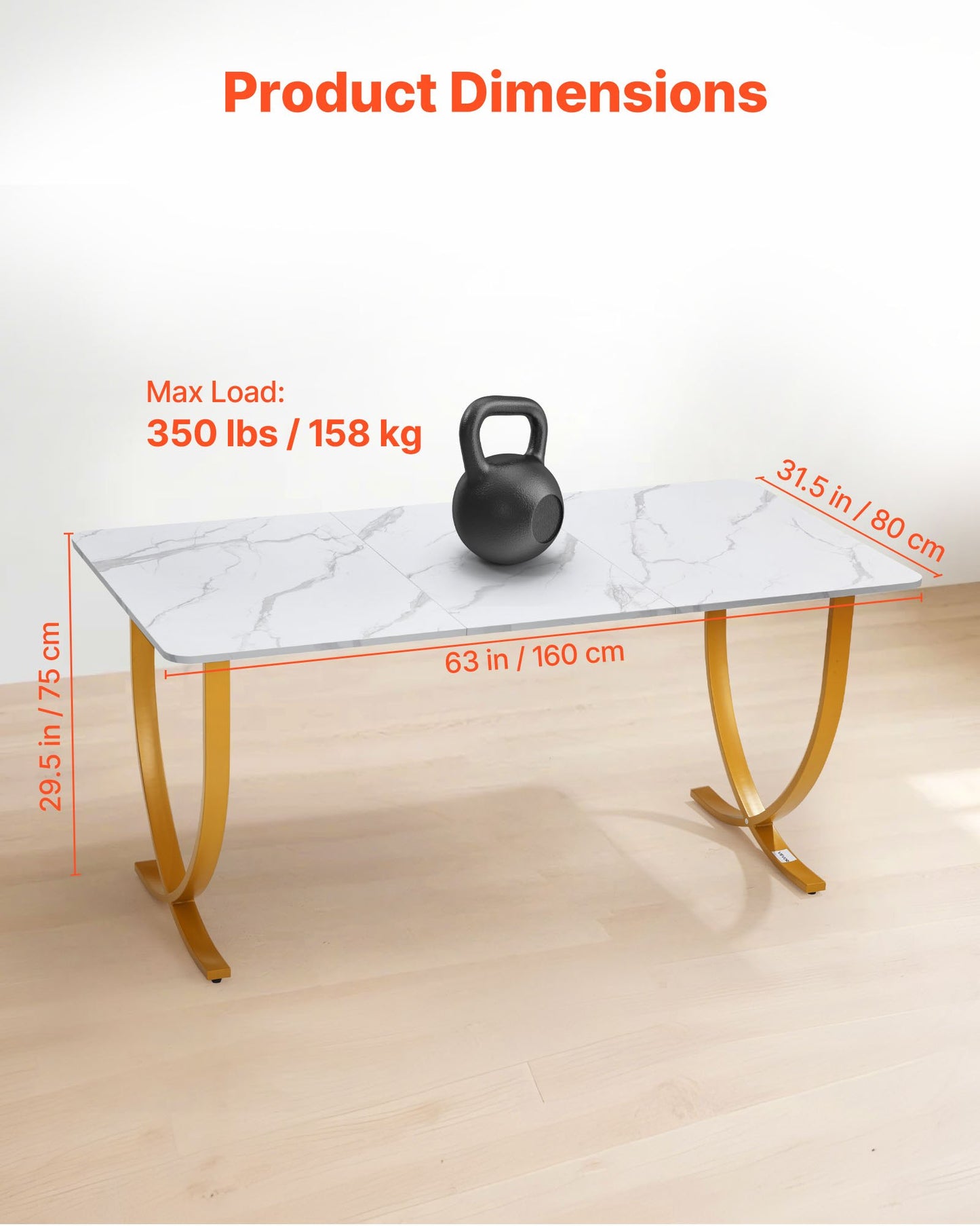 Skrivbord, 160 cm B x 80 cm D Stort kontorsskrivbord, Modernt datorbord Konferensbord Mötesrumsbord, Förstorat skrivbord för hemmakontor, Vitt och guld