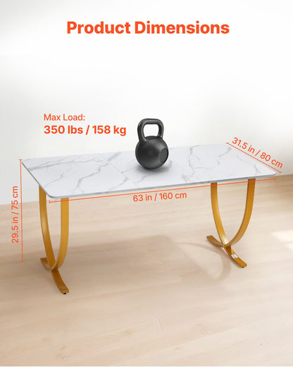 Skrivbord, 160 cm B x 80 cm D Stort kontorsskrivbord, Modernt datorbord Konferensbord Mötesrumsbord, Förstorat skrivbord för hemmakontor, Vitt och guld