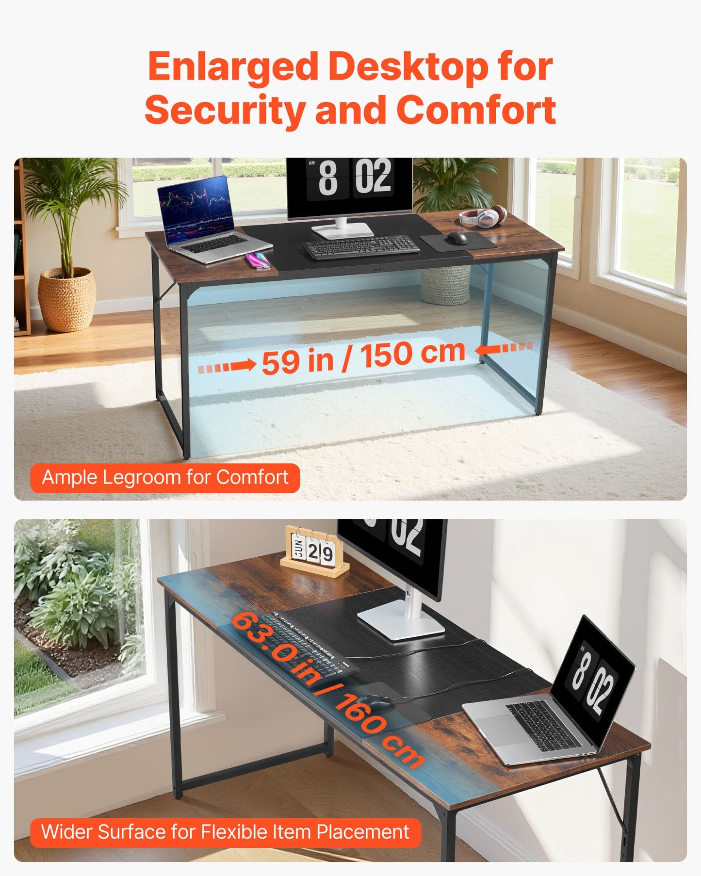 Datorbord, 160 cm spelbord för hemmakontor, skriv- och studiearbete, modernt enkelt bord med metallram för stort benutrymme, rustikt brunt och svart