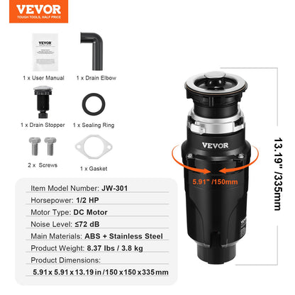 Garbage Disposal 1/2 HP Continuous Food Waste Disposer 3820 RPM EZ Connect