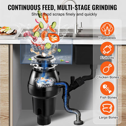 Garbage Disposal 3/4 HP Continuous Food Waste Disposer 3600 RPM 3-Bolt