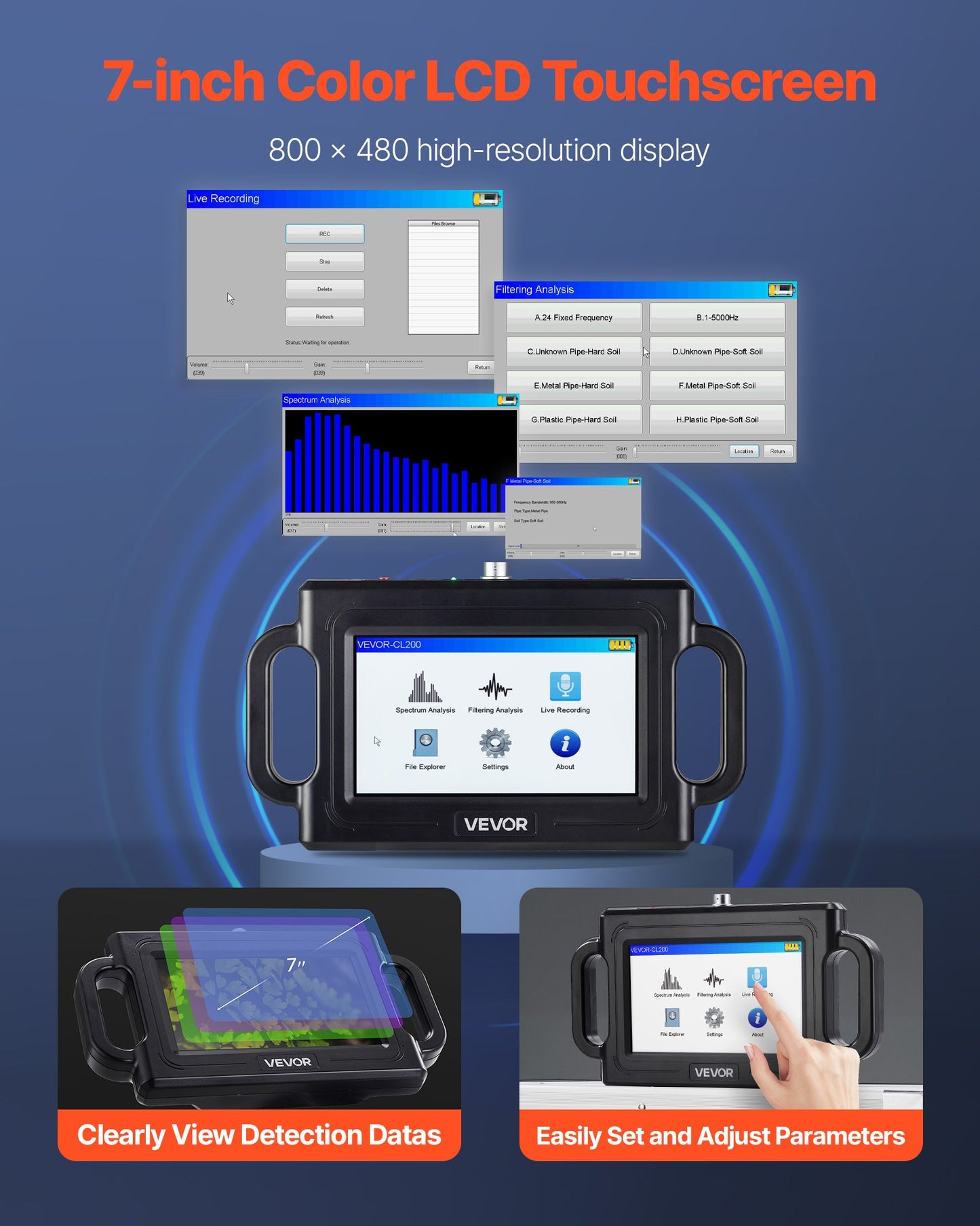Pipe Water Leak Detector, 1Hz-5000Hz, LCD Touchscreen Pipeline Leakage Detection Locator for 2m Underground Plumbing – with Sensor, 3 Listening Rods, Headphones, 8GB Card & Carry Case