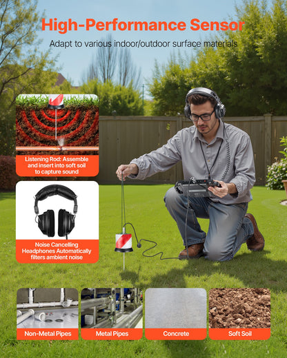 Pipe Water Leak Detector, 1Hz-5000Hz, LCD Touchscreen Pipeline Leakage Detection Locator for 2m Underground Plumbing – with Sensor, 3 Listening Rods, Headphones, 8GB Card & Carry Case