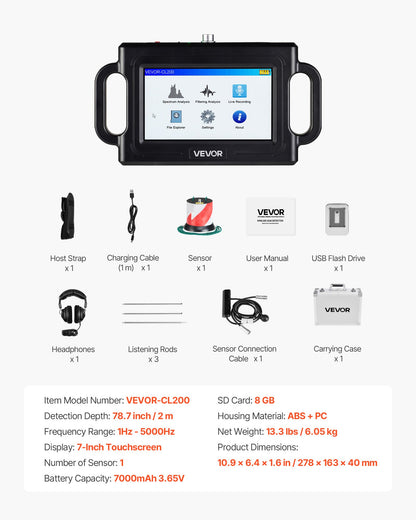 Pipe Water Leak Detector, 1Hz-5000Hz, LCD Touchscreen Pipeline Leakage Detection Locator for 2m Underground Plumbing – with Sensor, 3 Listening Rods, Headphones, 8GB Card & Carry Case