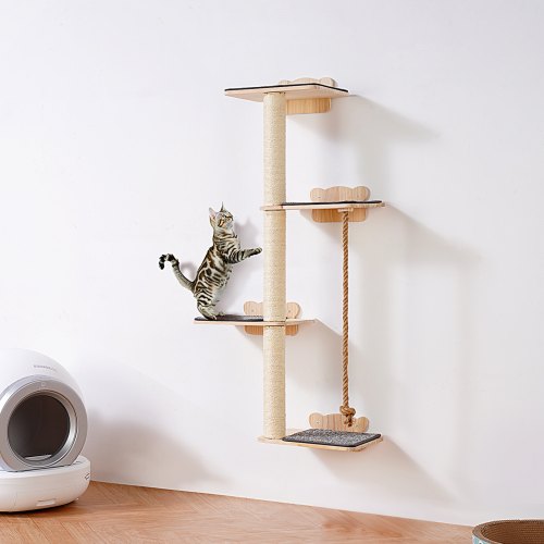 Klösträd i 4 nivåer, väggmöbelset för katt med 4 hoppbrädor, väggmonterad flytande katthylla upp till 18 kg, 12 mm sittpinne i furu för att sova, leka och klättra