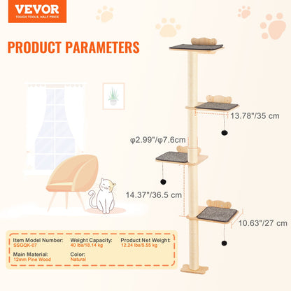 4 Tiers Cat Tree, Cat Wall Furniture Set with 4 Jumping Boards, Wall-Mounted Cat Floating Shelf up to 40 lbs, 12 mm Pine Wood Cat Perch for Sleeping, Playing, and Climbing