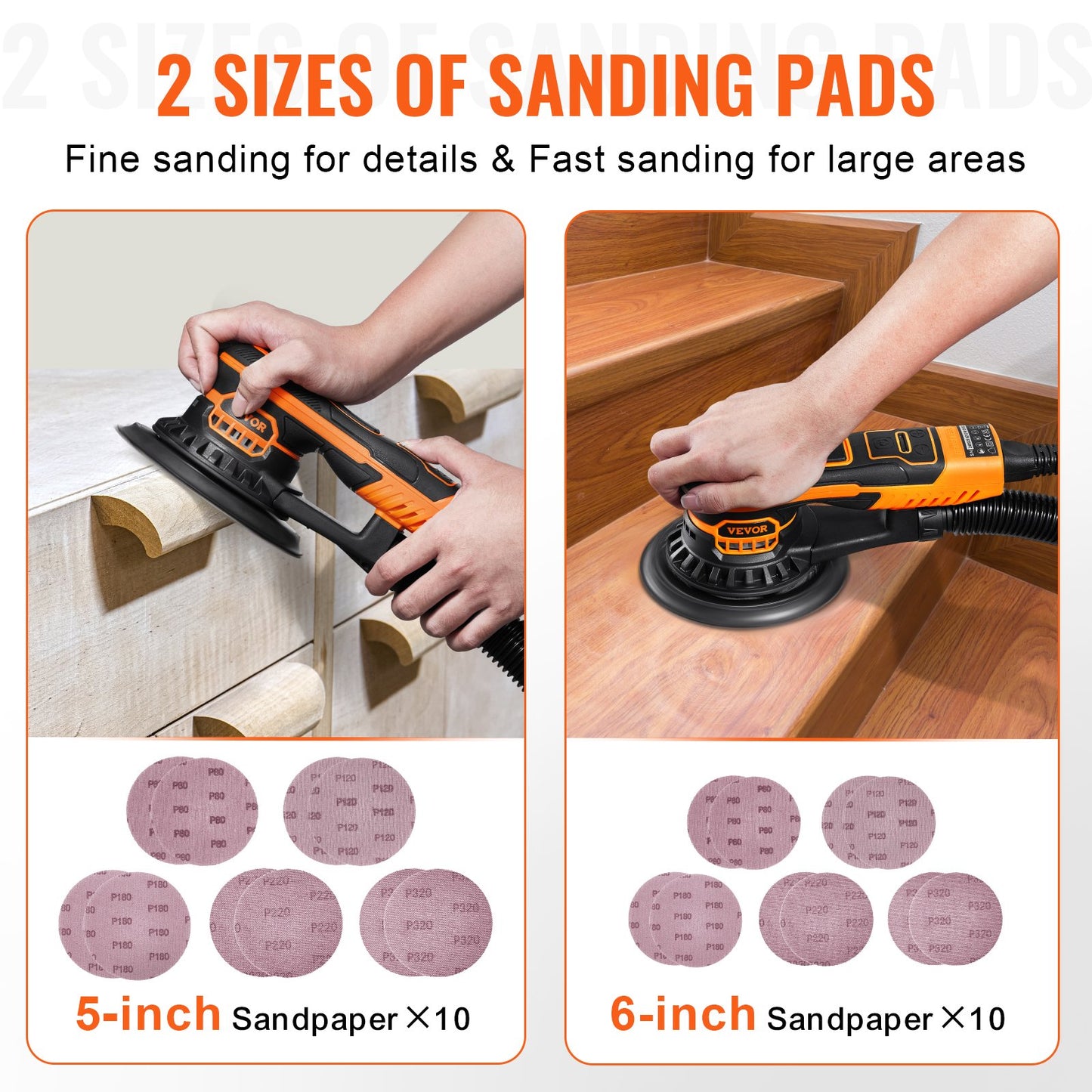Random Orbital Sander 5 & 6-Inch, 350W Brushless Orbital Sander, 10,000 PRM 6 Variable Speed Electric Palm Sander with 20PCS Sandpapers, Dust Connector & Hose for Woodworking Detailing Sanding