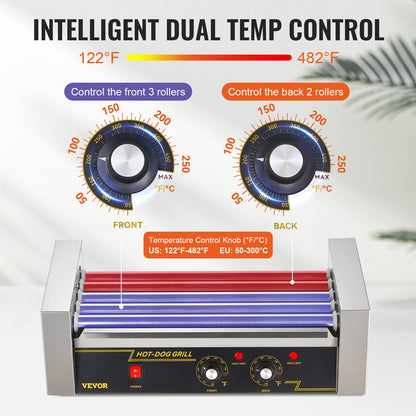 Electric 12 Hot Dog 5 Roller Grill Cooker Machine Backsplash & Shelf 1000W