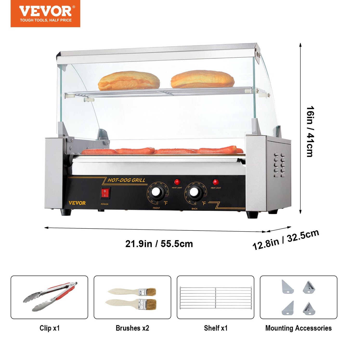 Electric 18 Hot Dog 7 Roller Grill Cooker Machine Backsplash & Shelf 1.4KW