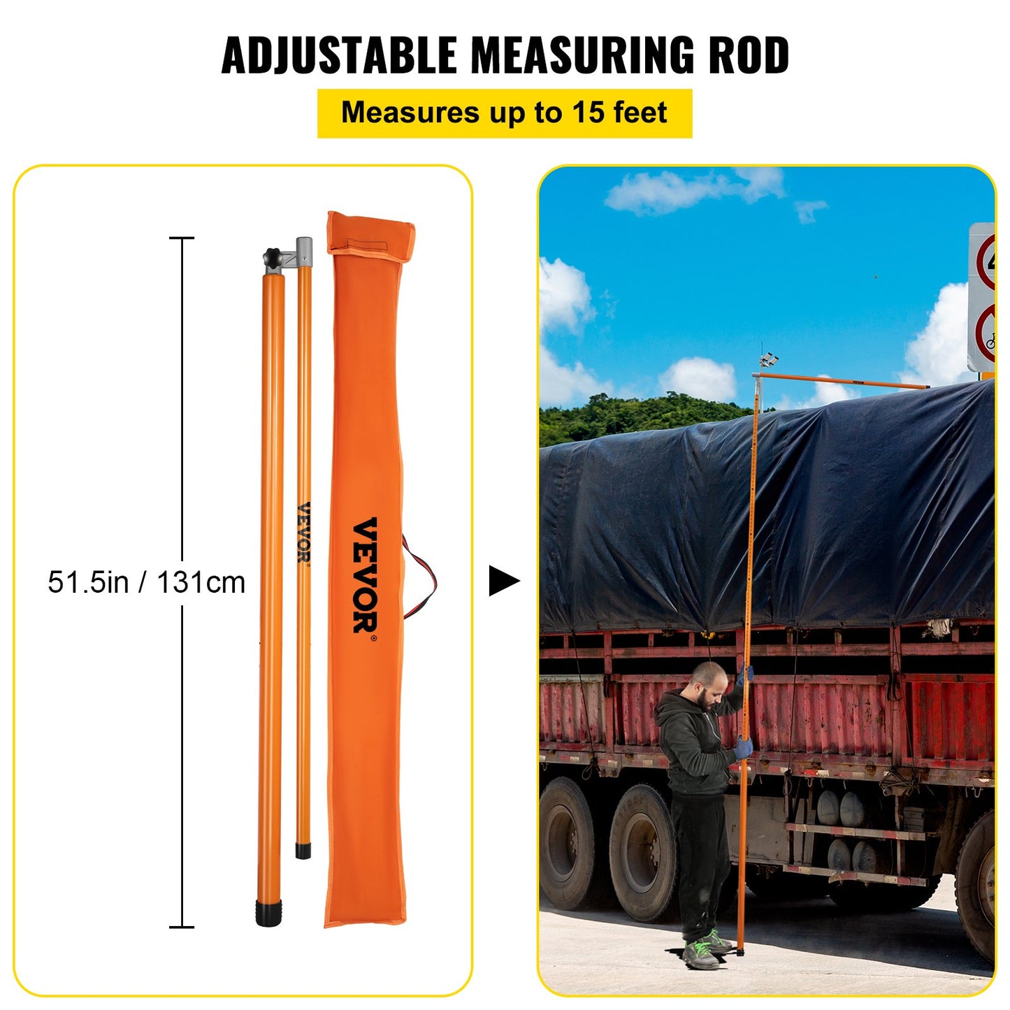 Load Height Measuring Stick, 15\' Sturdy Fiberglass Truck Height Stick with Adjustable Pole, Non-conductive Truck Height Measuring Stick with Carrying Bag, Height Stick for Trucks, Car Haulers