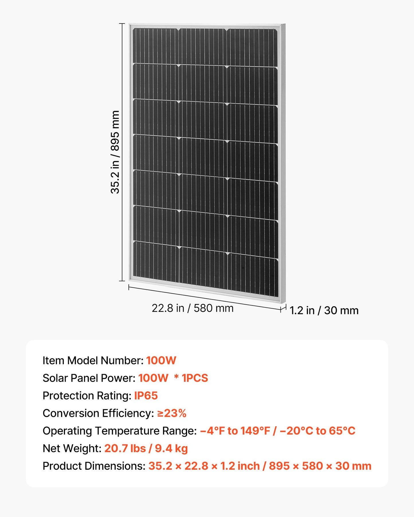 100W Monocrystalline Solar Panel, 23% High-Efficiency Mono PV Module with Stable MC4 Output & Aluminum Frame, IP65 Waterproof Solar Panel for Car Boat RV Flat Rooftop Off-Grid Applications