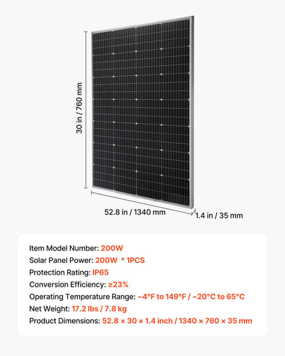 200W Monocrystalline Solar Panel, 23% High-Efficiency Mono PV Module with Stable MC4 Output & Aluminum Frame, IP65 Waterproof Solar Panel for Car Boat RV Flat Rooftop Off-Grid Applications