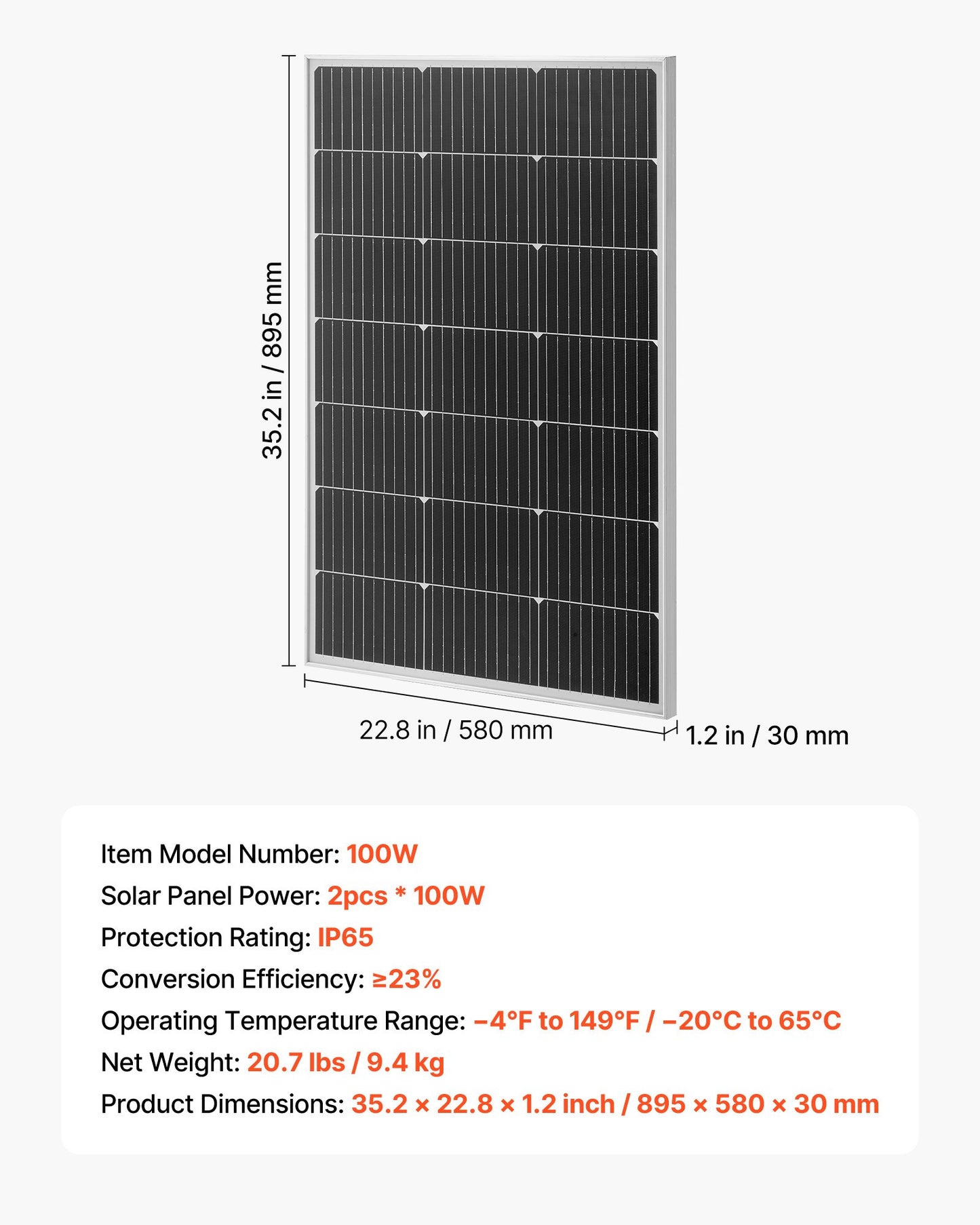 2PCS 100W Monocrystalline Solar Panels, 23% High-Efficiency Mono PV Module with Stable MC4 Output & Aluminum Frame, IP65 Waterproof Solar Panel for Car Boat RV Flat Rooftop Off-Grid Applications