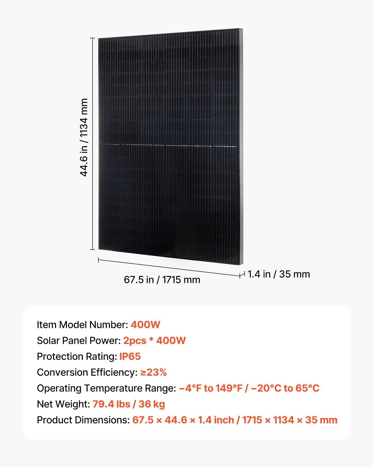 2PCS 400W Monocrystalline Solar Panels, 23% High-Efficiency Mono PV Module with Stable MC4 Output & Aluminum Frame, IP65 Waterproof Solar Panel for Car Boat RV Flat Rooftop Off-Grid Applications