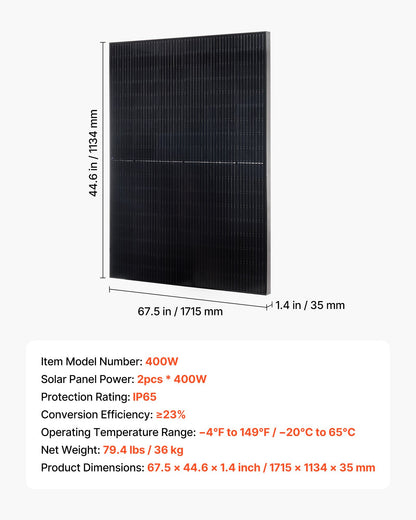 2PCS 400W Monocrystalline Solar Panels, 23% High-Efficiency Mono PV Module with Stable MC4 Output & Aluminum Frame, IP65 Waterproof Solar Panel for Car Boat RV Flat Rooftop Off-Grid Applications