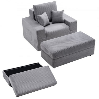 Chaise Lounge Chair, 1115 mm Boneless Modular Chaise Lounge Indoor, Oversized Corduroy Reading Chair with Throw Pillows & Armrests, Deep Seat Sofa Couch Sleeper for Living Room, Bedroom, Grey