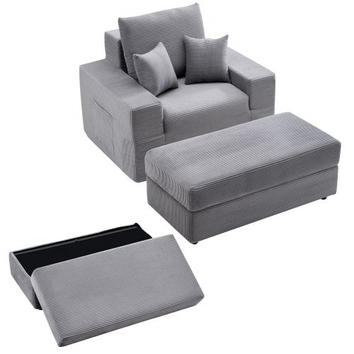 Chaise Lounge Chair, 1115 mm Boneless Modular Chaise Lounge Indoor, Oversized Corduroy Reading Chair with Throw Pillows & Armrests, Deep Seat Sofa Couch Sleeper for Living Room, Bedroom, Grey