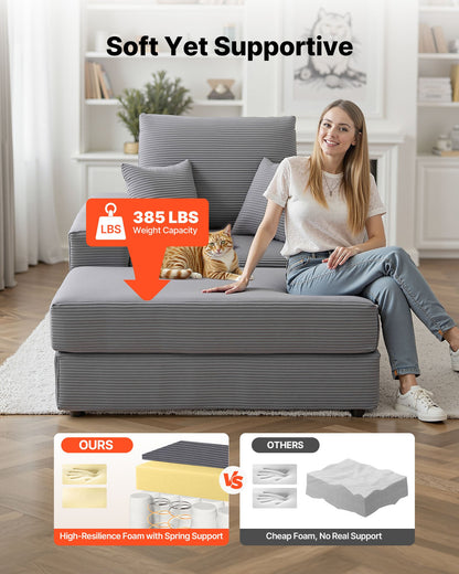 Chaise Lounge Chair, 1115 mm Boneless Modular Chaise Lounge Indoor, Oversized Corduroy Reading Chair with Throw Pillows & Armrests, Deep Seat Sofa Couch Sleeper for Living Room, Bedroom, Grey