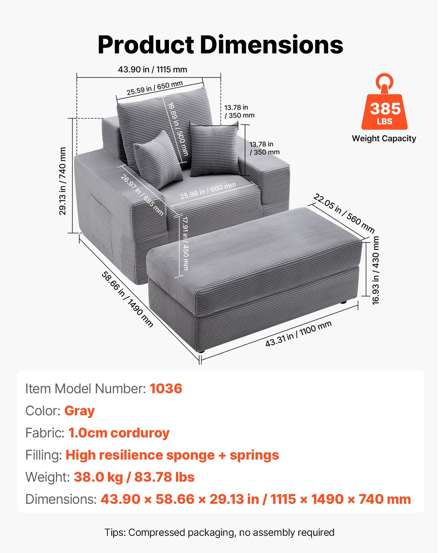 Chaise Lounge Chair, 1115 mm Boneless Modular Chaise Lounge Indoor, Oversized Corduroy Reading Chair with Throw Pillows & Armrests, Deep Seat Sofa Couch Sleeper for Living Room, Bedroom, Grey
