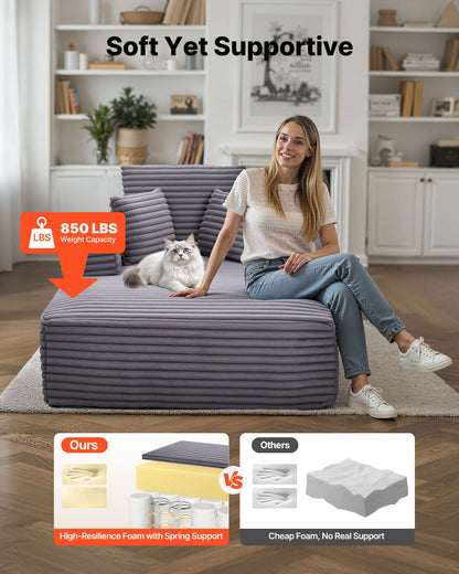 Schäslongfåtölj, 1380 mm benfri schäslong för inomhusbruk, modern klädd överdimensionerad läsfåtölj med kuddar och armstöd, soffa med djup sits för vardagsrum, sovrum, grå