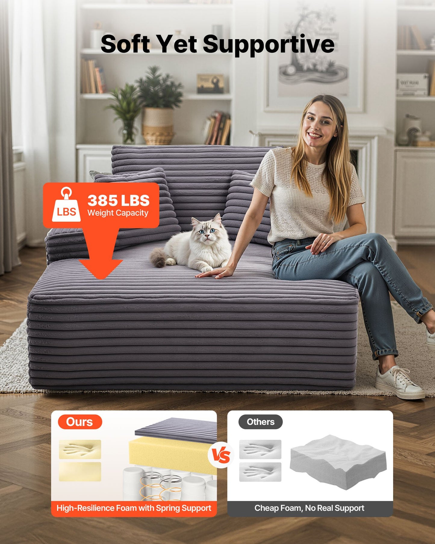 Schäslongfåtölj, 1240 mm benfri schäslong inomhus, modern klädd överdimensionerad läsfåtölj med kuddar och armstöd, soffa med djup sits för vardagsrum, sovrum, balkong