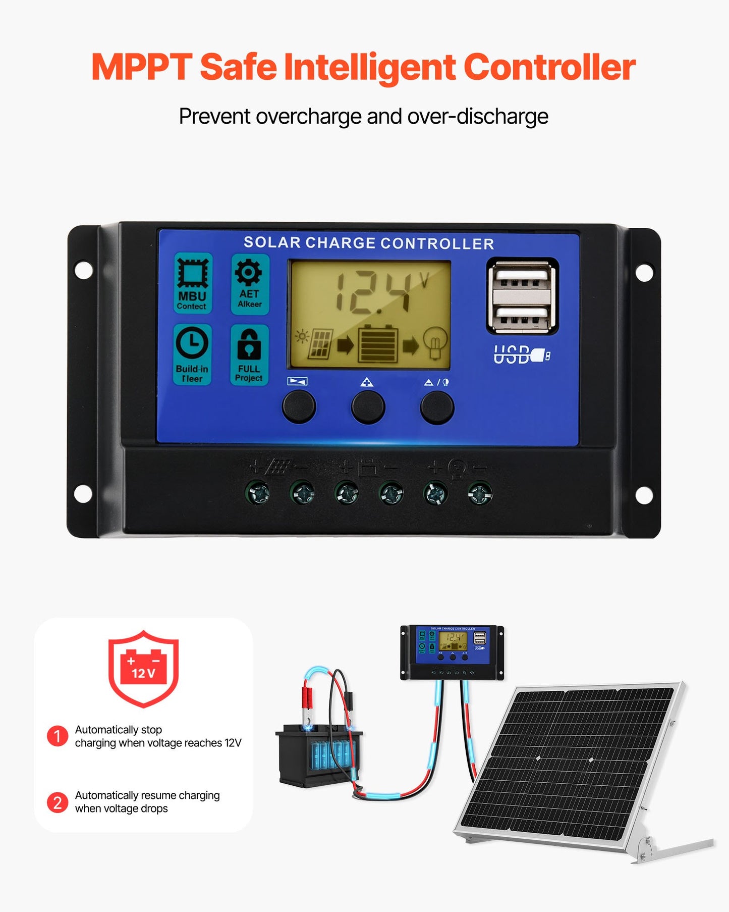 50W 12V solcellsbatteri underhållsladdare, mono solpanel batteriladdare med uppgraderad MPPT-kontroller och justerbart monteringsfäste, IP65 vattentät för bil båt husvagn hustak