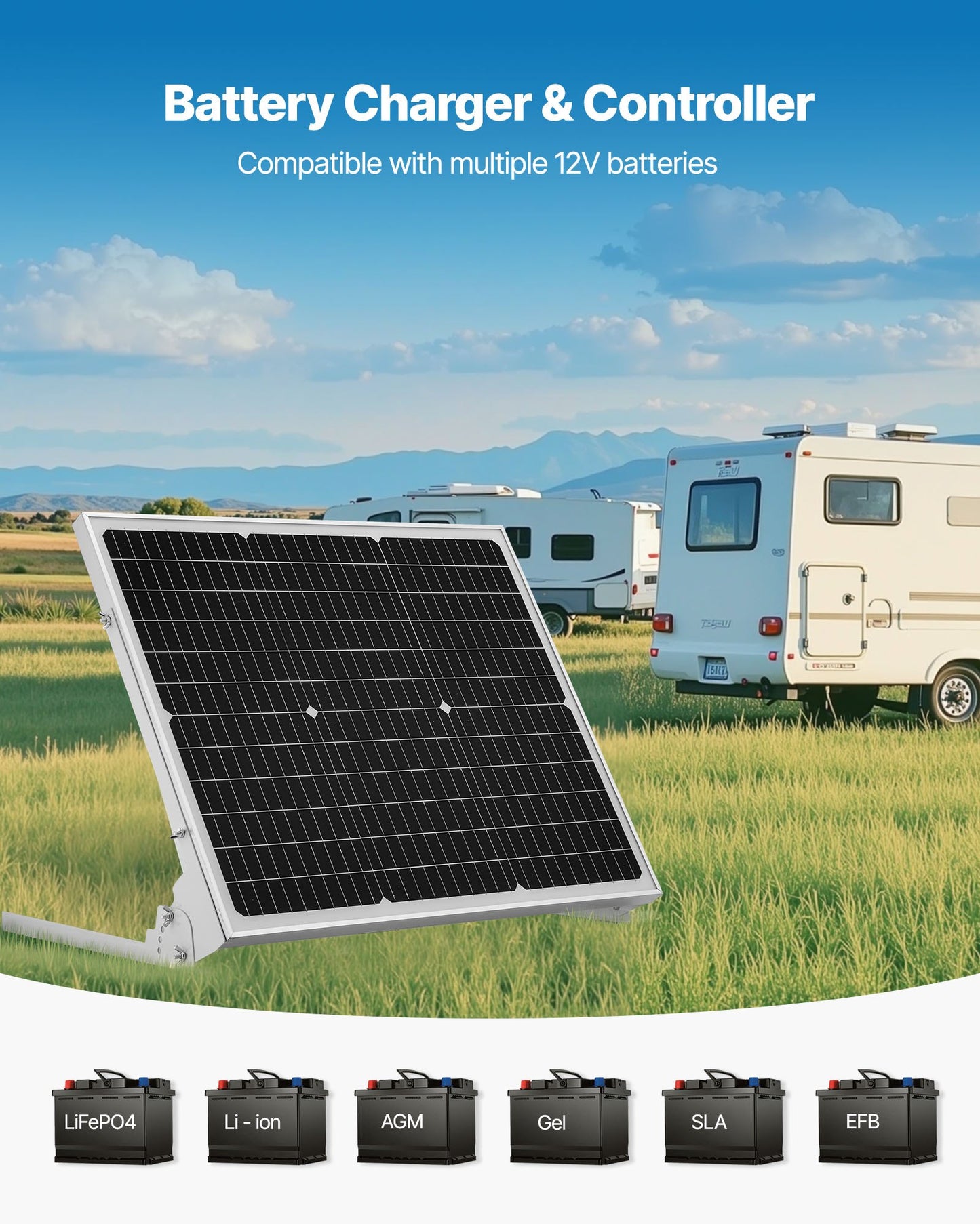 50W 12V solcellsbatteri underhållsladdare, mono solpanel batteriladdare med uppgraderad MPPT-kontroller och justerbart monteringsfäste, IP65 vattentät för bil båt husvagn hustak