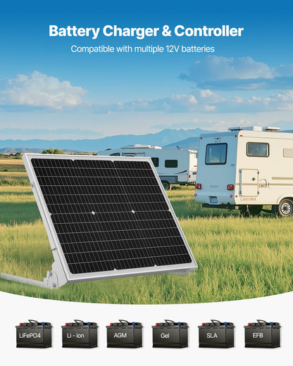 50W 12V solcellsbatteri underhållsladdare, mono solpanel batteriladdare med uppgraderad MPPT-kontroller och justerbart monteringsfäste, IP65 vattentät för bil båt husvagn hustak