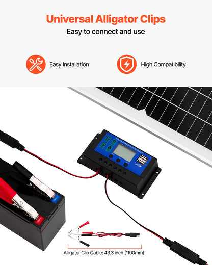 50W 12V solcellsbatteri underhållsladdare, mono solpanel batteriladdare med uppgraderad MPPT-kontroller och justerbart monteringsfäste, IP65 vattentät för bil båt husvagn hustak