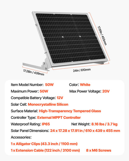 50W 12V solcellsbatteri underhållsladdare, mono solpanel batteriladdare med uppgraderad MPPT-kontroller och justerbart monteringsfäste, IP65 vattentät för bil båt husvagn hustak