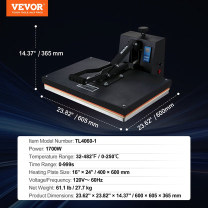 Heat Press Machine 16 x 24 in/40.6 x 61 cm Sublimation Printer Transfer for DIY T-shirt