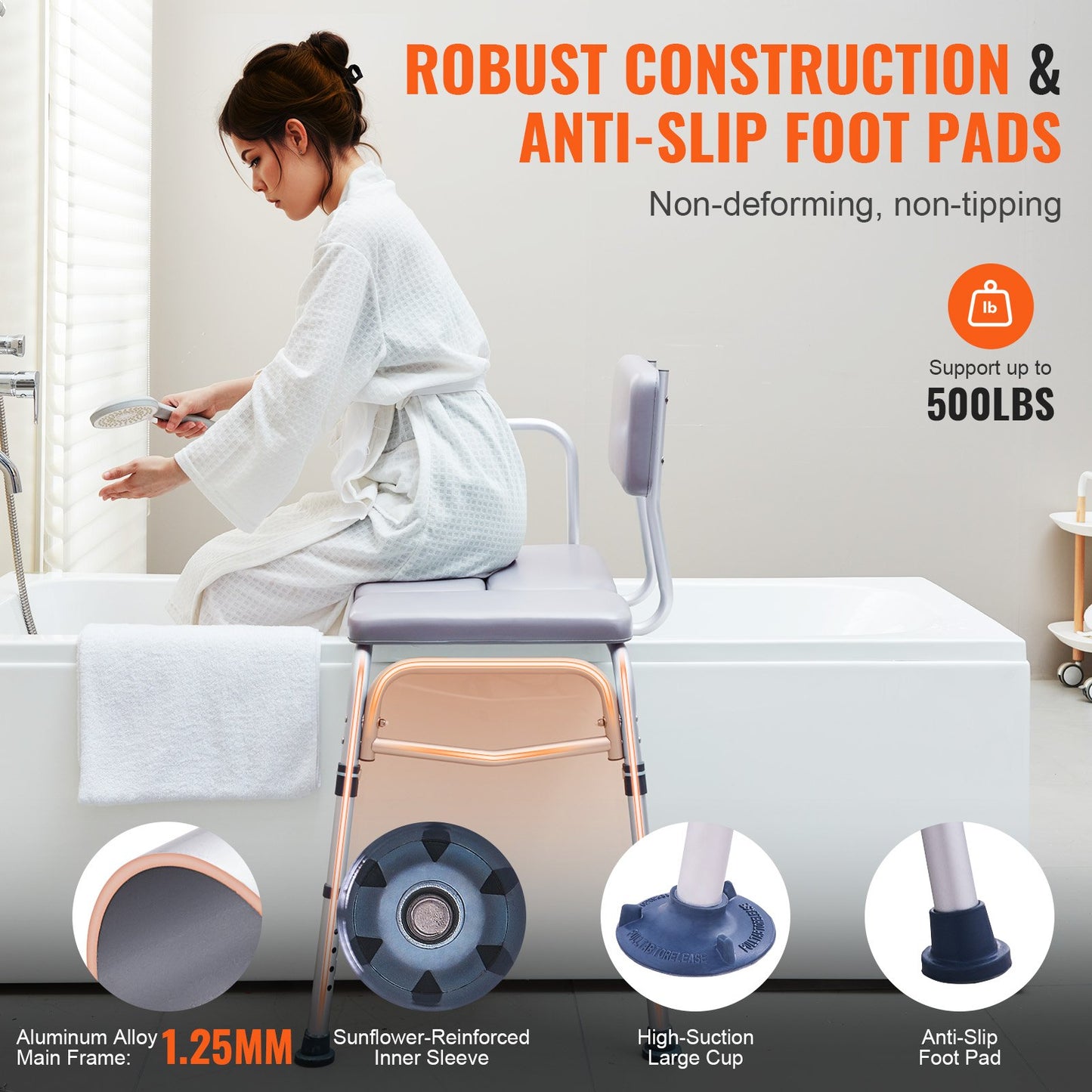 Tub Transfer Bench for Bathtub 500lbs, Shower Seats for Adults, Lightweight Shower Bench for Elderly and Disabled with Padded Seat, Non-Slip Bath Seats with Armrest and Reversible Backrest